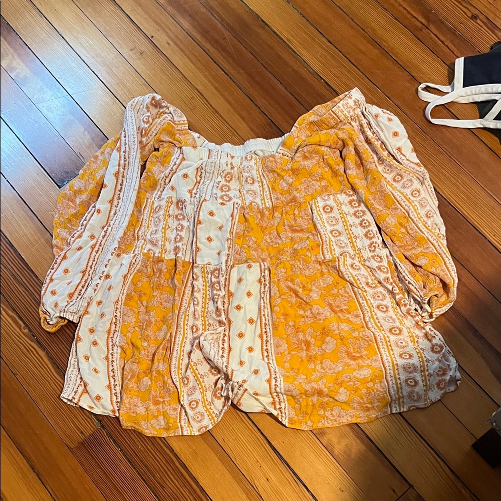 Boho Off-Shoulder Floral Peasant Top in Mustard & Cream